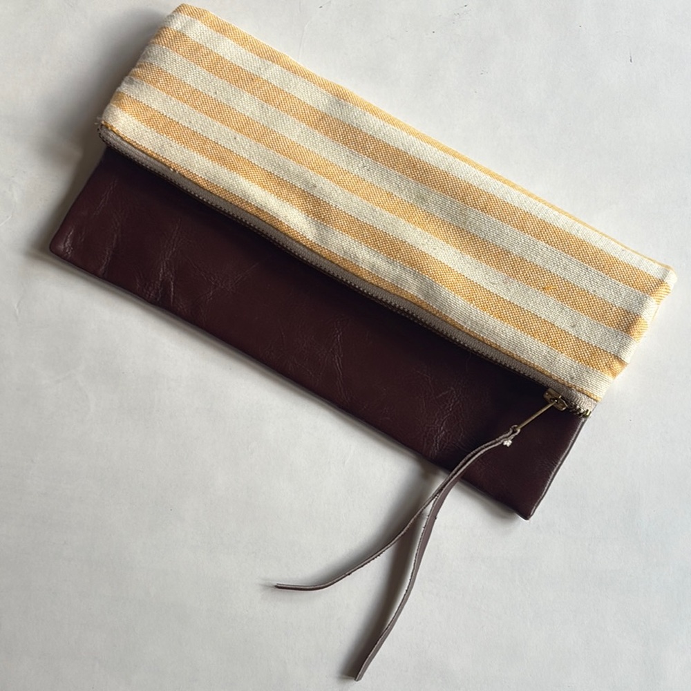 Akola Project Yellow Cream Brown Striped Clutch NWOT